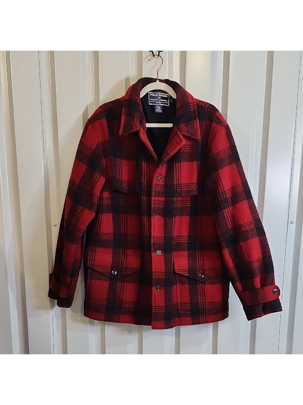 Polo Sport Ralph Lauren Mens Classic Red Black Checkered Wool Barn Coat Sz Large